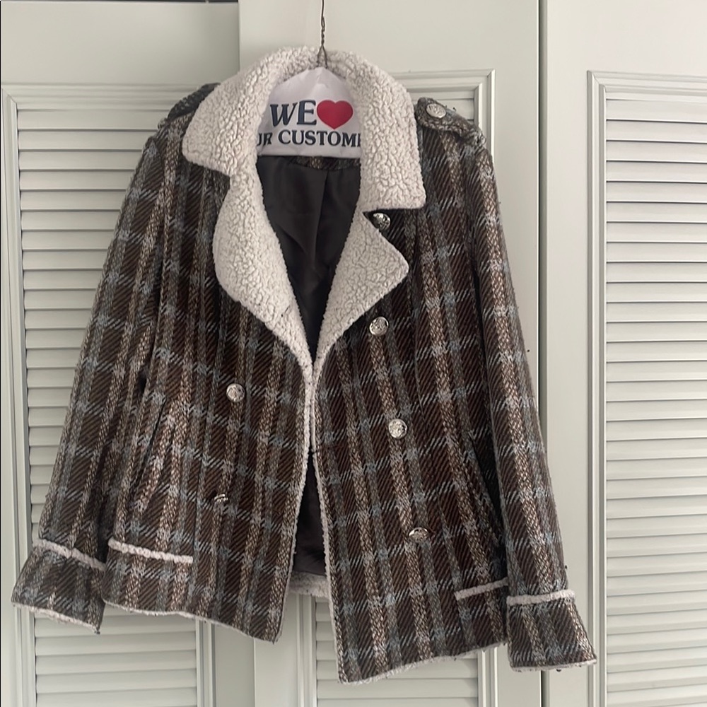Plaid Brown Women's Jacket with White Accents